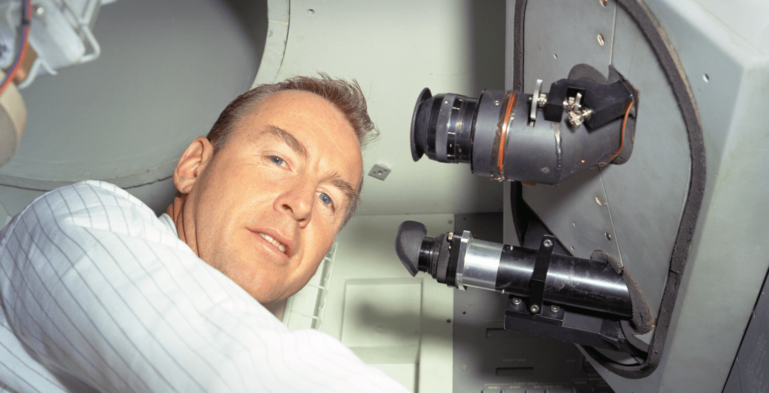 Astronaut Jim Lovell In the Command Module Simulator