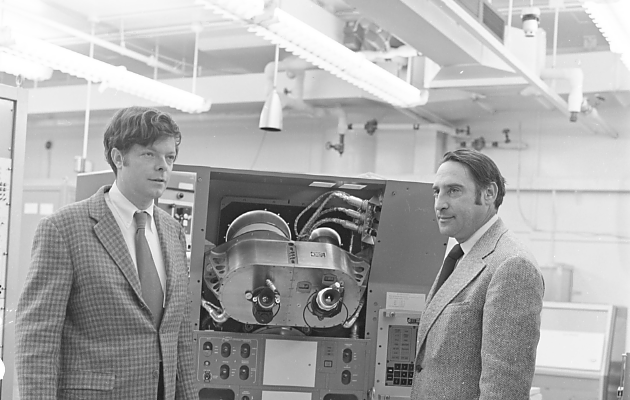Donald Fraser and Phil Felleman with the Apollo Primary Guidance, Navigation, and Control System Simulator