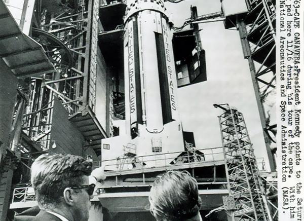 John F. Kennedy and Wernher von Braun with Saturn 1 Rocket