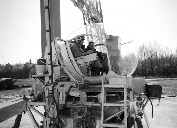 Astronaut Roger Chaffee Training on Lunar Landing Simulator