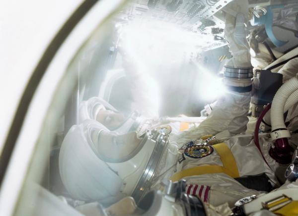 Astronauts Grissom, Chaffee, White in Mission Simulator at Kennedy Space Center