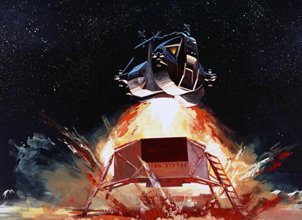 Ascent Stage of the Lunar Excursion Module Launching from the Moon's Surface into Lunar Orbit Ascent Stage of the Lunar Excursion Module Launching from the Moon's Surface into Lunar Orbit