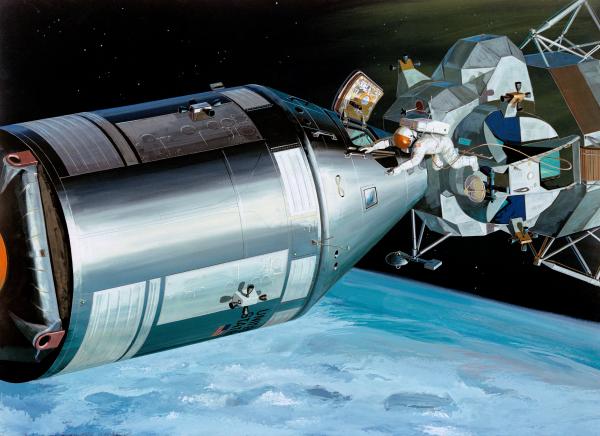 Illustration of Apollo 9 Spacewalk Over Earth Illustration of Apollo 9 Spacewalk Over Earth