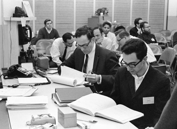 MIT Lab Engineers in the System Control and Monitoring Arrangement Room During the Apollo 8 Moon Mission MIT Lab Engineers in the System Control and Monitoring Arrangement Room During the Apollo 8 Moon Mission