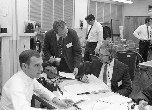 Schmidt, Hoag, Sears, Hamilton in SCAMA Room for Apollo 8 Schmidt, Hoag, Sears, Hamilton in SCAMA Room for Apollo 8