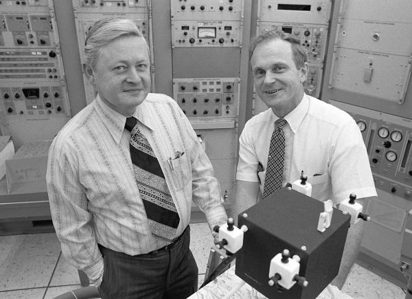 Battin and Hoag with Apollo Block II Subassembly Mock-Ups Battin and Hoag with Apollo Block II Subassembly Mock-Ups