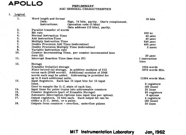 Preliminary Apollo Guidance Computer General Characteristics