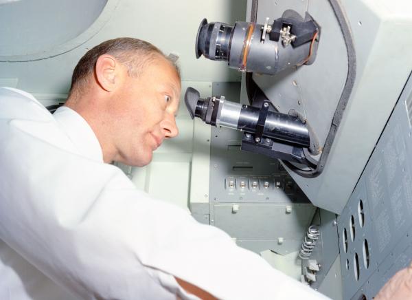Astronaut Aldrin in Command Module Simulator Astronaut Aldrin in Command Module Simulator