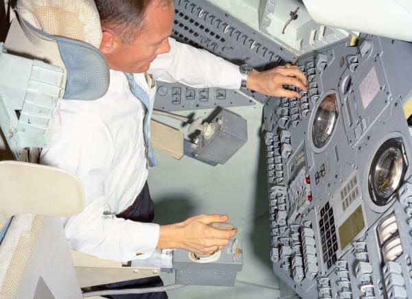 Astronaut Aldrin in Command Module Simulator Astronaut Aldrin in Command Module Simulator