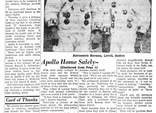 Apollo 8 Home Safely Newspaper Articles Apollo 8 Home Safely Newspaper Articles