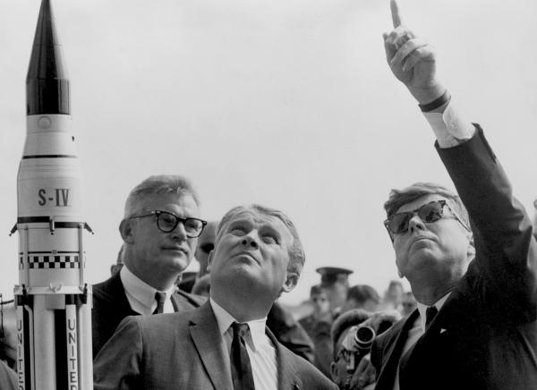 Robert Seamans, Wernher von Braun, and President John F. Kennedy Aboard the USS Kennedy for Polaris Launch Robert Seamans, Wernher von Braun, and President John F. Kennedy Aboard the USS Kennedy for Polaris Launch