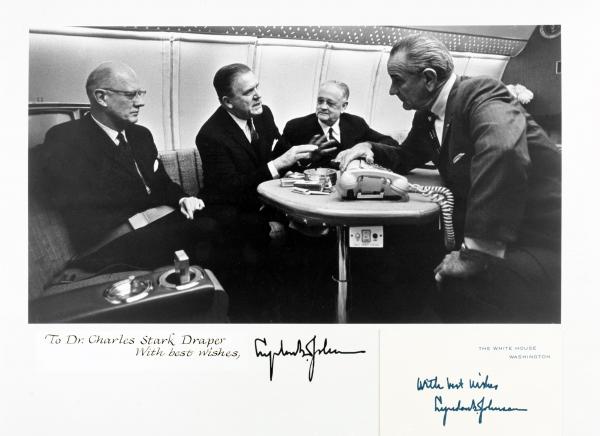 Dr. Frederick Seitz,  James E. Webb, Charles Stark Draper, and Lyndon B. Johnson Aboard Air Force I