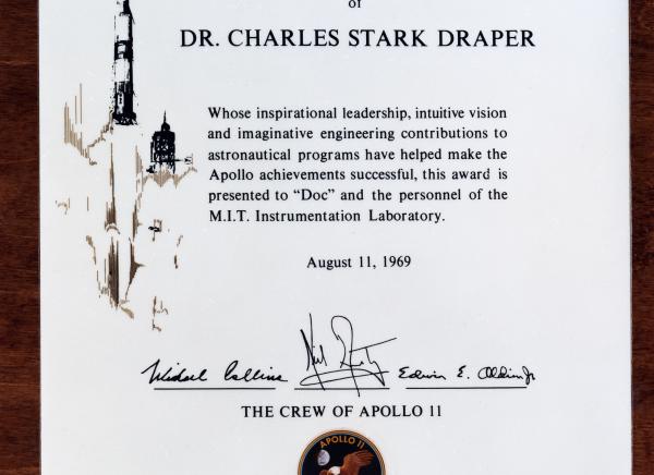 Recognition Award Presented to Doc Draper by Apollo 11 Astronauts: Mike Collins, Neil Armstrong, and Edwin Aldrin Jr.