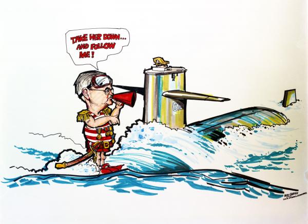 Cartoon of Doc Draper Atop a Diving Submarine Cartoon of Doc Draper Atop a Diving Submarine