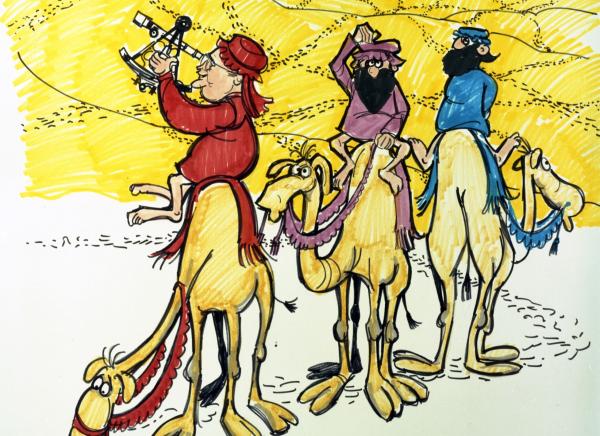 Cartoon of Charles Stark Draper Riding a Camel and Using a Sextant for Navigation Cartoon of Charles Stark Draper Riding a Camel and Using a Sextant for Navigation