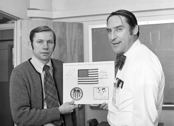 Phil Felleman & Russ Larson With American Flag That Was Flown On The Moon Phil Felleman & Russ Larson With American Flag That Was Flown On The Moon