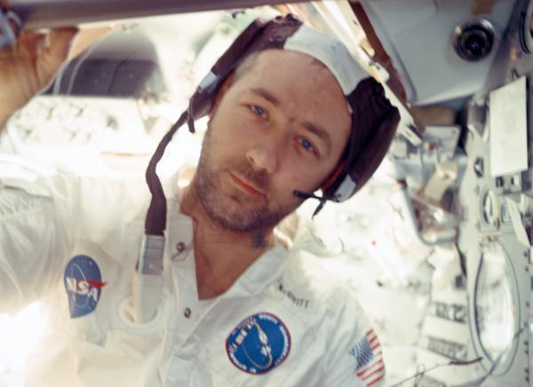 Apollo 9 Astronaut James McDivitt onboard Lunar Module Apollo 9 Astronaut James McDivitt onboard Lunar Module