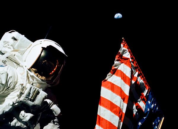 Apollo 17 Astronaut Harrison Schmitt with American Flag Apollo 17 Astronaut Harrison Schmitt with American Flag