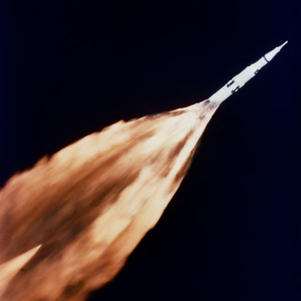 Apollo 6 Saturn V Rocket in Sky with Flame Trail