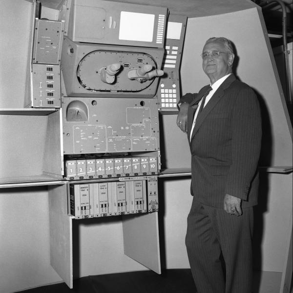 Dr. Draper with Apollo Primary Guidance, Navigation, and Control System Mock-Up Dr. Draper with Apollo Primary Guidance, Navigation, and Control System Mock-Up
